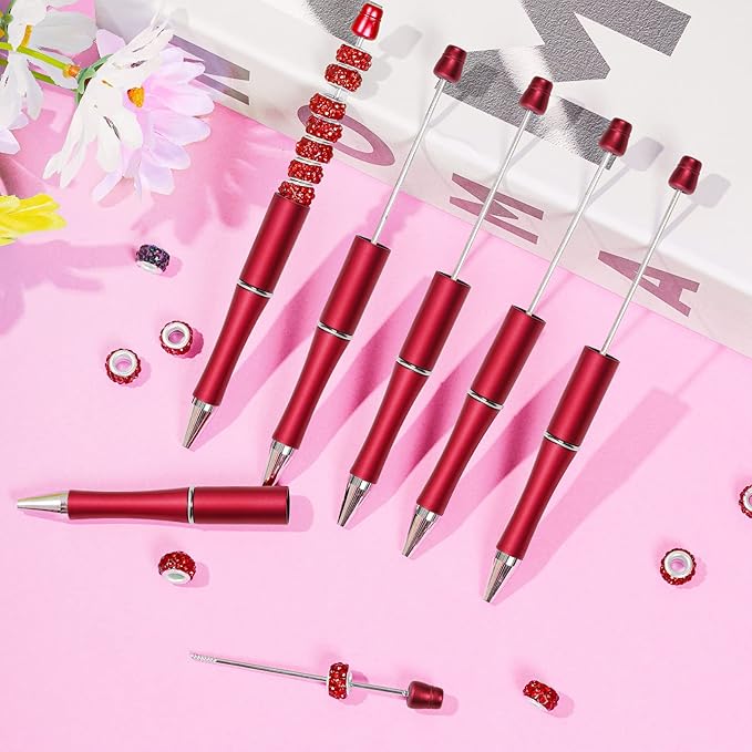 jiebor 30Pcs Red Beadable Pens Plastic Bead Ballpoint DIY Cute Cool Pens Black Ink for Women Men Bridal Graduation Gift Office Supplies