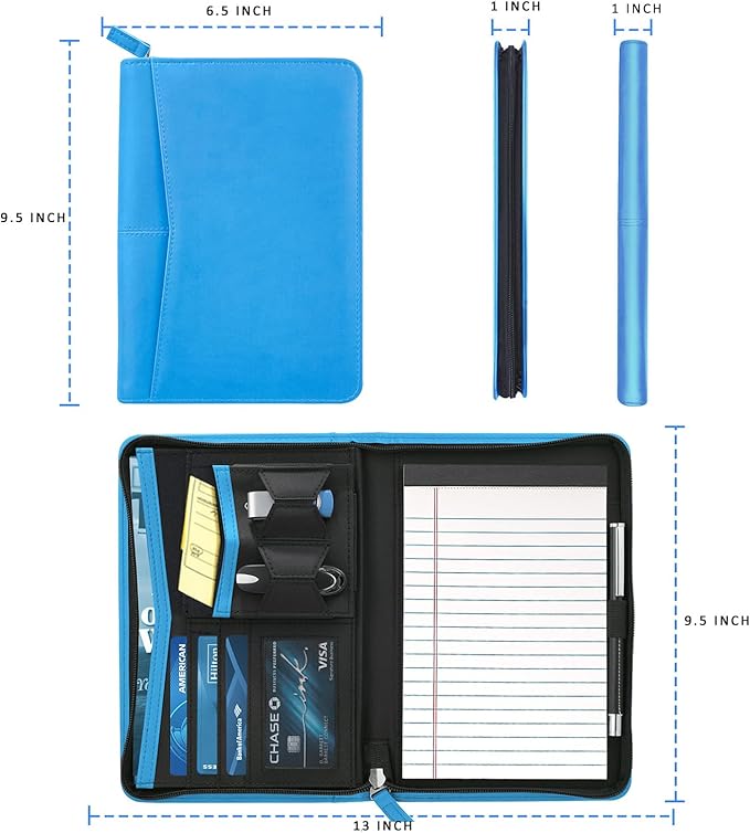 Small Portfolio Organizer, A5 Zippered Business Portfolio, Junior Padfolio Folder Binder for Women & Men, 5 x 8 Writing Pad Included, Blue