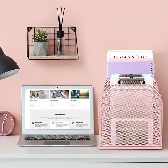Inclined File Organizer for Desk, 7-Tier Vertical File Folder Holder Office Desk Organizer Metal Rack File Wire Mesh Desktop Document Sorter for Office School Classroom Home (Pink)