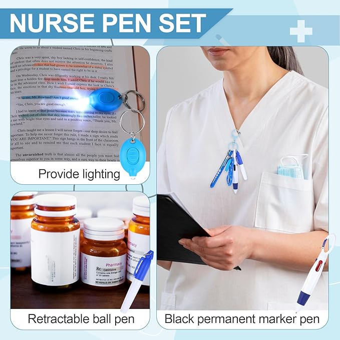 6 Pcs Nurse Pens for Badge Set,Nurse Badge Accessories with Reel Pen,Nursing Accessories Healthcare with Pens,Highlighter and Permanent Marker Pen and Led Keychain Foldable Scissors(Blue)