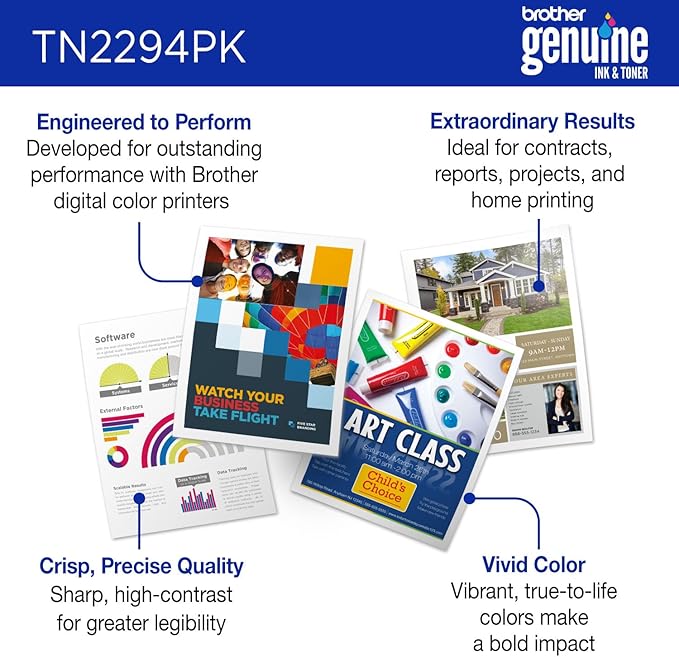Brother Genuine TN2294PK Standard Yield 4-Pack Printer Toner Cartridges - Black, Cyan, Magenta, Yellow Toner Multipack