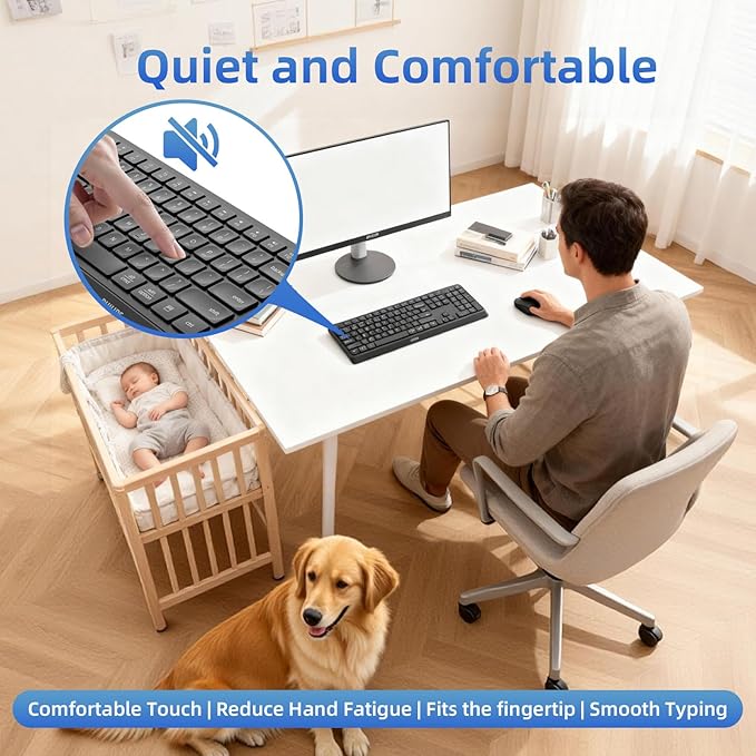 PHILIPS Quiet Wireless Keyboard and Mouse Combo, Silent Keyboard and Mouse Wireless Combo for Laptop PC Computer, Connects with Only One USB-A Dongle, No Bluetooth