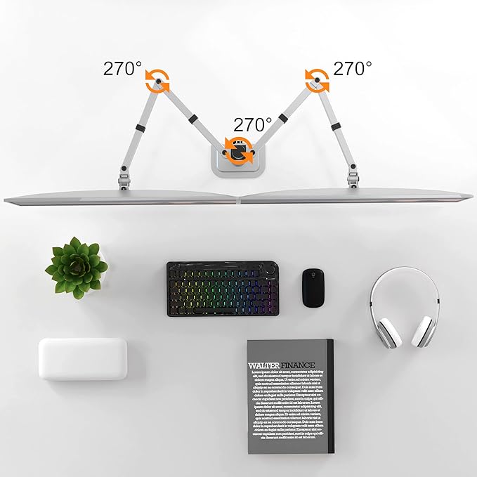 Pholiten Dual Monitor Stand, Heavy Duty Adjustable Monitor Arm Desk Mount for 2 Screens up to 42Inches, Tilt, Swivel, Rotate, Supports Tilt, Swivel, Rotate, Supports 22 lbs per Arm,Silver