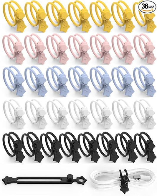 36-Pack Silicone Cable Ties, Reusable Cord Organizer Straps With 2 Binding Methos, Durable & Stretchable Wire Management for Home, Office, Travel (Multicolor)