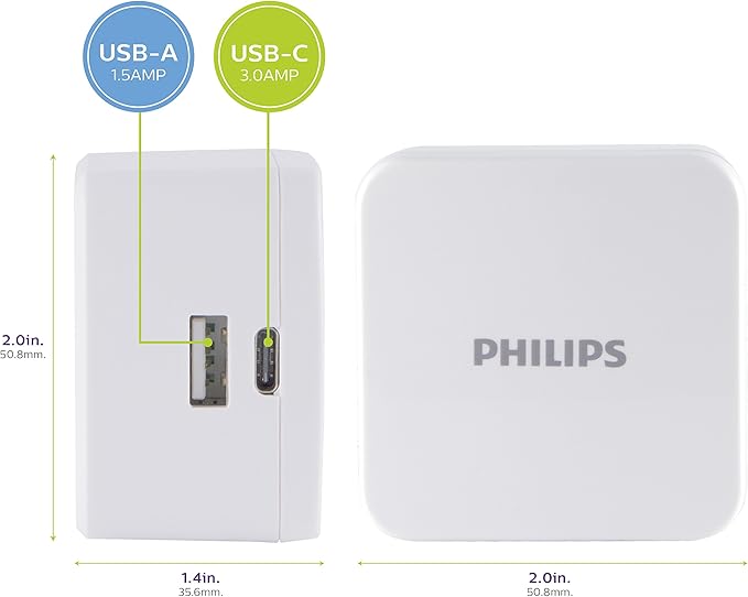 Philips iPhone USB Wall Charger Block, 22.5W Charging Block with USB C and USB A for iPhone 16, 15, 14 Series, iPad, Power Adapter Cube, Foldable Plug Charging Box, White, DLP2507PTS1/27