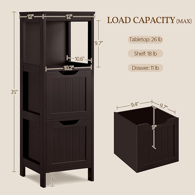 Yaheetech Bathroom Floor Cabinet, Wooden Storage Cabinet with 2 Drawers and 1 Shelf, Multifunctional Side Organizer Rack Stand Table, D11.8xW11.8xH35 Inches Espresso