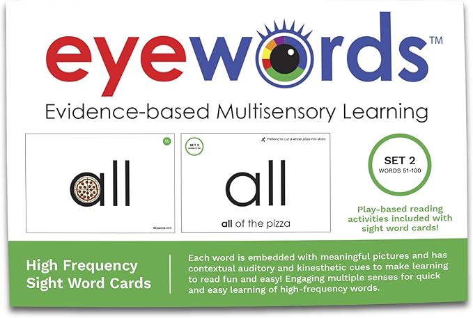 Multisensory Sight Word & Phonics Flash Cards, Set 2 (High-Frequency Words 51-100) - Kinesthetic Learning, Picture-Embedded - Pre-K - Grade 3 - Homeschool & Classroom Use - Model EW-23