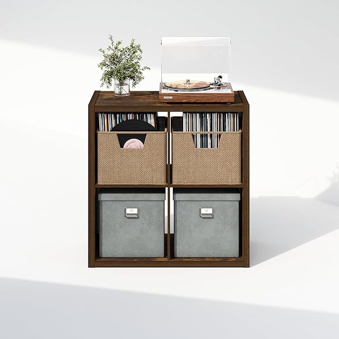 Furinno Cubicle Record Player Stand with Vinyl Storage, 4-Cube 1.2 Extra Thick Vinyl Record Storage, Open Back Media Shelf for CD DVD Blueray Game Disc, for Living Room, Home Office, Amber Pine