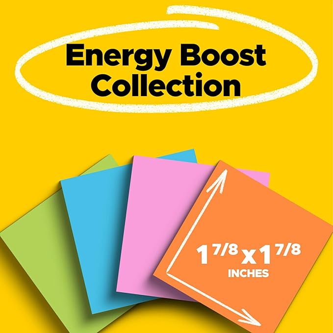 Post-it Super Sticky Notes, 18 Sticky Note Pads, 1 7/8 x 1 7/8 in., School Supplies, Office Products, Sticky Notes for Vertical Surfaces, Monitors, Walls and Windows, Energy Boost Collection