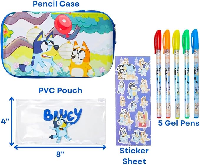 Bluey Pencil Box Set - School Supplies Bundle with Themed Pencil Case, Gel Pens, Stickers, More | Bluey Stationery Set for Girls