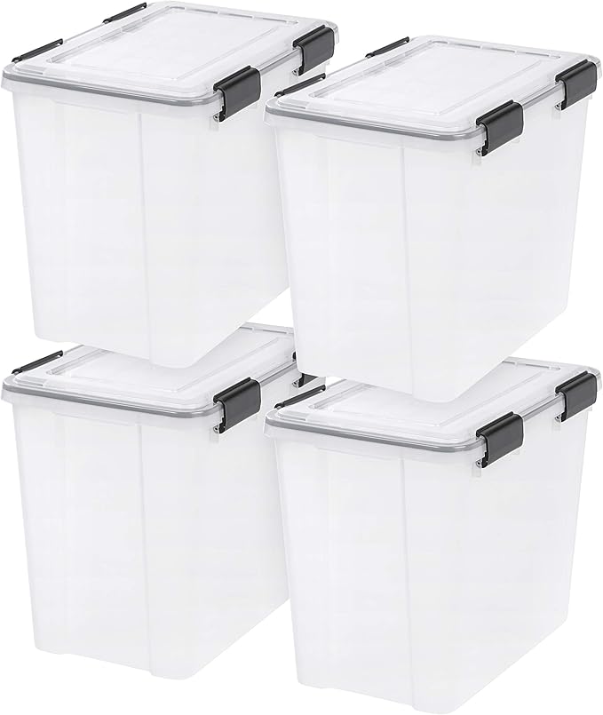 IRIS USA WeatherPro 32 Qt Storage Bins with Lids, 4 Pack, BPA-Free Plastic Gasket Box with Tight Latch and Seal, Stackable Nestable Tote Tub - Clear/Black