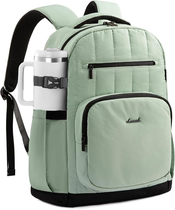 LOVEVOOK Laptop Backpack for Women with Giant Tumbler Holder Pocket,17 Inch Puffer Travel College Work Backpack Purse for Teacher Nurse,Casual Laptop Bag Computer Back Pack Daypack,Mint Green-Black
