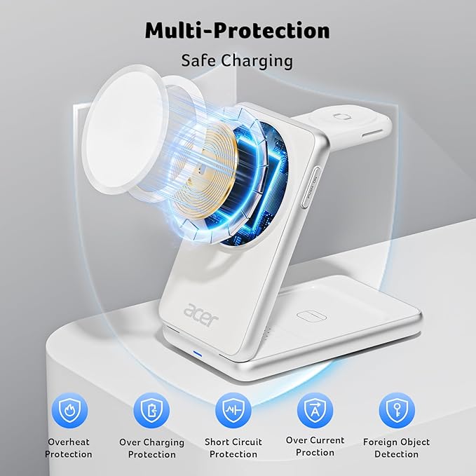 Acer 3 in 1 Charging Station for iPhone, Wireless Charger Stand,15W Fast MagSafe Charger for iPhone 17 16 15 14 13 12 Series-Apple Watch 10 9 8 7 6 5 4 3 2 SE and Ultra Series-Airpods 4 3 2 Pro Series