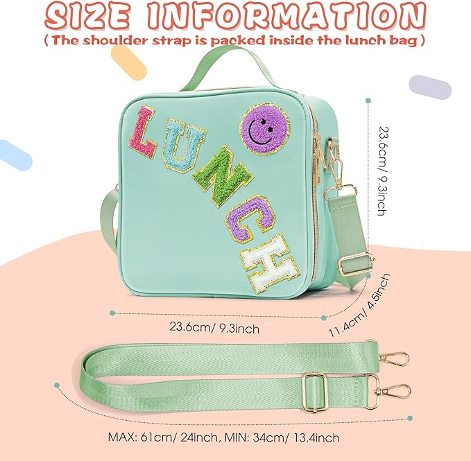 Insulated Lunch Bag Women Lunch Box Kids for Teen Girls Boys, Cute Preppy Lunch Boxes With Adjustable Shoulder Strap, Waterproof Nylon Lunchbox Lunch Bags for School Work Picnic (Green)