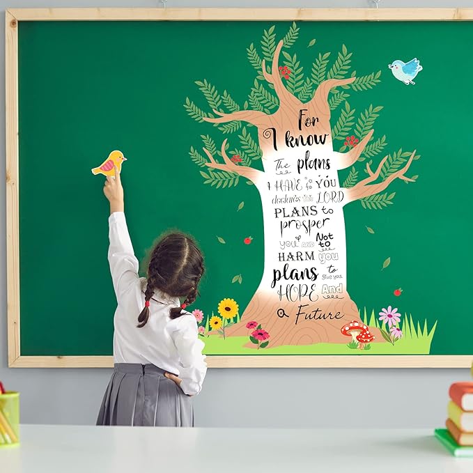 Pajean Christian Bulletin Board Sets Religious Christian Classroom Decor Tree Wall Cutouts Decor for Elementary School Teacher Chalkboard Supplies (Bible Style)