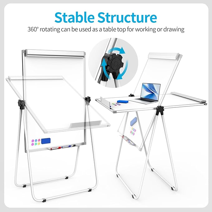 U-Stand Double Sided 40" x 28" Magnetic Dry Erase Easel, Height Adjustable & 360° Rotating Whiteboard with 1 Eraser, 6 Magnets and Paper Pads