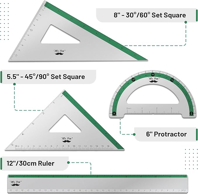 Mr. Pen- Geometry Set, Green Stripes, 4 Pack, Metal Geometry Kit, Triangle Ruler, Metal Ruler, Drafting Triangles, Metal Protractor, Metal Set Square, Drafting Ruler, Drafting Set