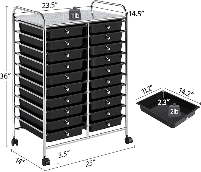 Yaheetech 20 Drawers Rolling Storage Cart Multipurpose Movable Organizer Cart Tools Scrapbook Paper Organizer on Wheels, Black
