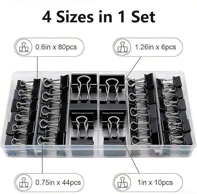 Binder Clips Assorted Sizes, 140 PCS Black Binder Paper Clips Office Clips Office Supplies Desk, 4 Sizes Cute Binder Clips Large Medium Binder Clip Small Paper Clips Medium Paper Clamps (Black)