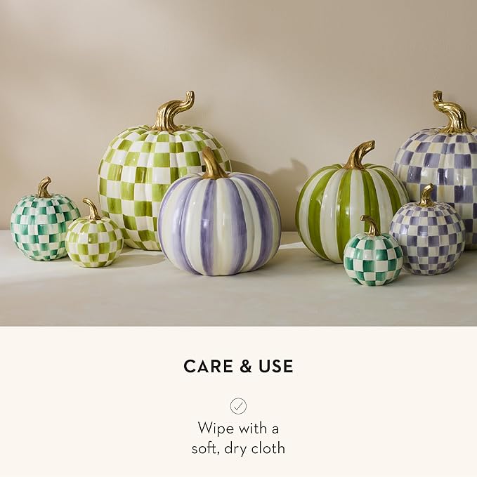 MACKENZIE-CHILDS Pumpkin, Resin Halloween and Fall Decor, Mini, Olive-Green Moss Check