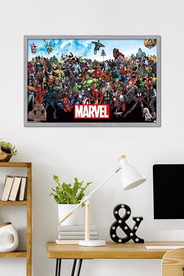 Marvel Comics The Marvel Lineup Wall Poster, 34L" x 22.4W", Gray Framed Version