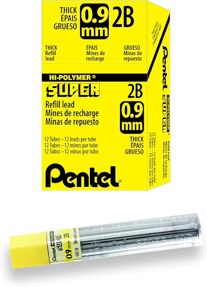 Pentel Super Hi-Polymer Lead Refill, (0.9mm) Thick, 2B, 180 Pieces of Lead, 12 Tubes of Lead (50-9-2B)