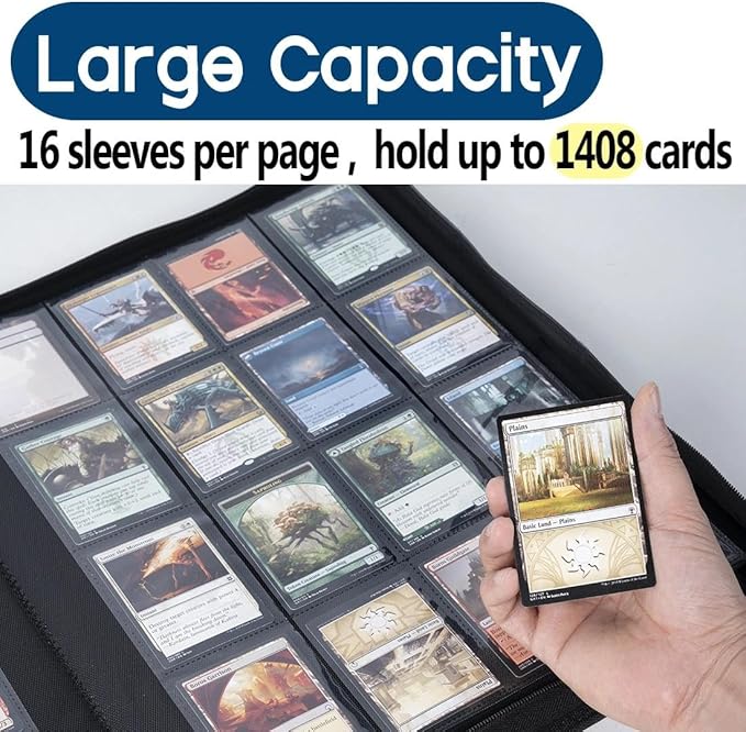 16 Pocket Trading Card Binder,Zipper Card Holder Album Holds up to 1408 Cards with 44 Sleeves, Label Design，Card Collection Binder for TCG Card/Game Cards/Sports Card -White
