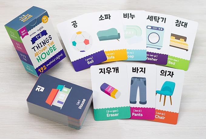 2-Pack Gift Set Korean Alphabet Flashcards for Toddlers, Preschoolers & Beginners | Hangul, Numbers, Colors, Shapes, + 196 Common Household Items Vocabulary