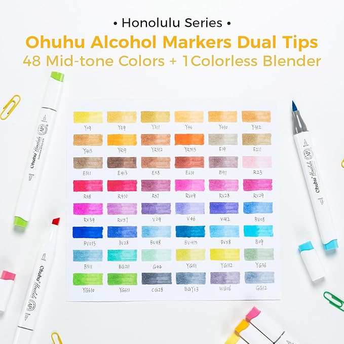 Ohuhu Alcohol Brush Markers 48 Mid-tone Colors - AP Certificated Double Tipped Alcohol Based Art Marker Set for Artist Adults Coloring Illustration - Honolulu Brush & Chisel Dual Tips - Refillable
