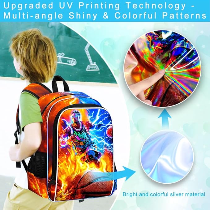 gxtvo 3PCS Kids Basketball Backpack for Boys, 17" School Bag with Lunch Box, Water Resistant Lightning Bookbag Middle Elementary - Fire & Lightning Basketball Player