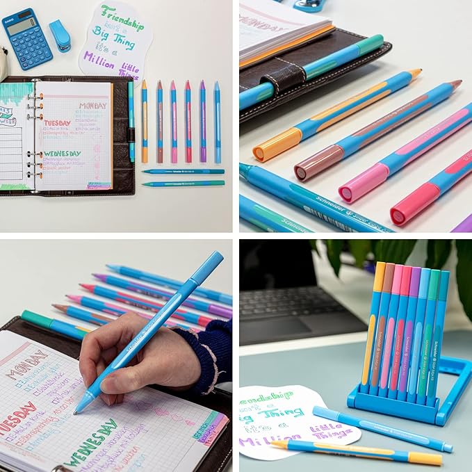 Schneider Slider Edge Pastel XB (Extra Broad) Ballpoint Pen, 1.4 mm, Light Blue Barrel, Assorted Ink Colors, Adjustable Case Stand of 8 Pens (152289)