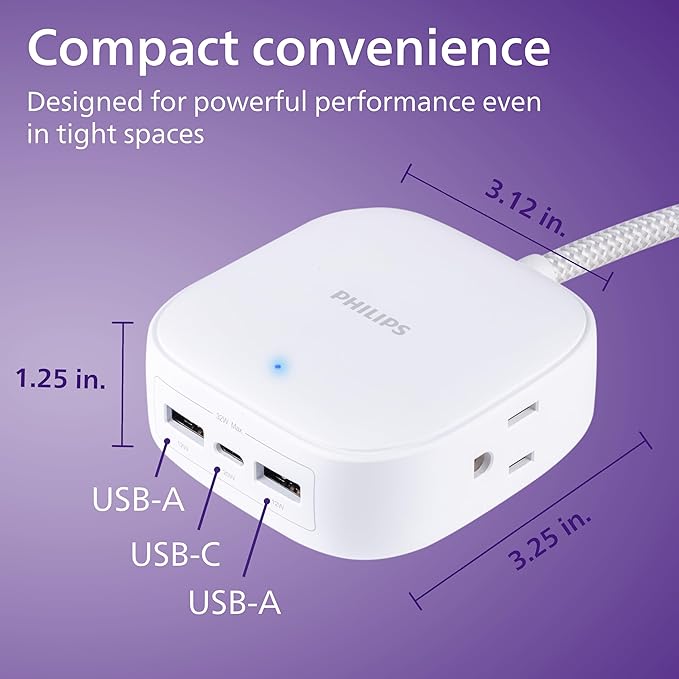 Philips Desktop Charging Station with 5ft. Braided Cord, Power Strip, Device Hub for Phone, Tablet, Laptop, 2 Outlets, 2 USB-A, 1 USB-C, White, DLP3553W/37