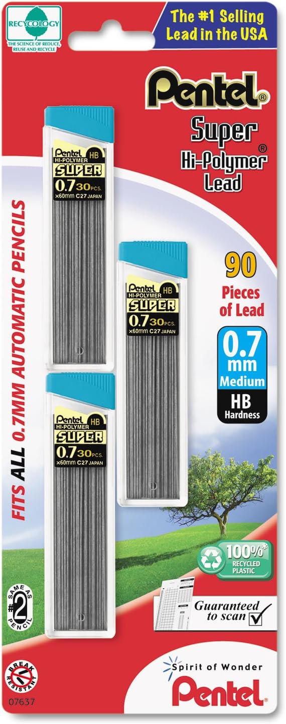 Pentel C27BPHB3K6 Super Hi-Polymer Lead Refills, 0.7mm, HB, Black 30/Tube, 3 Tubes/Pack, 90/PK (180)