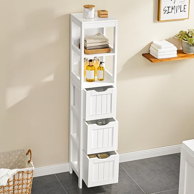 Yaheetech Bathroom Tall Cabinet, Slim Storage Cabinet, Narrow Freestanding Floor Cabinet with 3 Drawers & 2 Shelves, Linen Tower for Small Space, 12" D x 12" W x 56" H, White