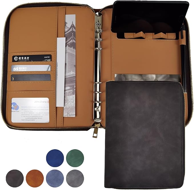 A5 Binder Case PU Leather Portfolio Budget Binder Refillable Notebook Planner Cover with Zipper 6 Rings Money Document Organizer for Business Interview (Black)
