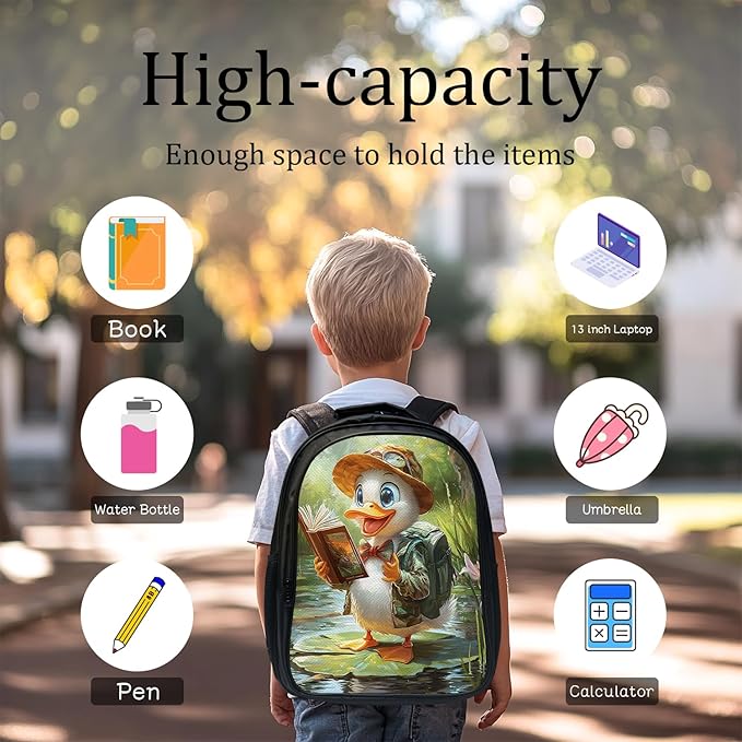 Funny Duck Backpack Set 3 Piece School Bags and Lunch Box with Pencil Case Cute Duck Reading Bookbag Set for Toddler Kids Girls Boys Teens Kindergarten Elementary Middle