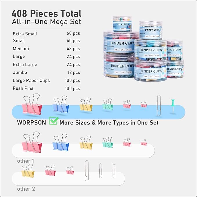 408 PCS Binder Clips Paper Clamps Assorted Sizes and Push Pins, Binding Paperwork Clamp Bulk, School Teachers Office Supplies (Multicolor)