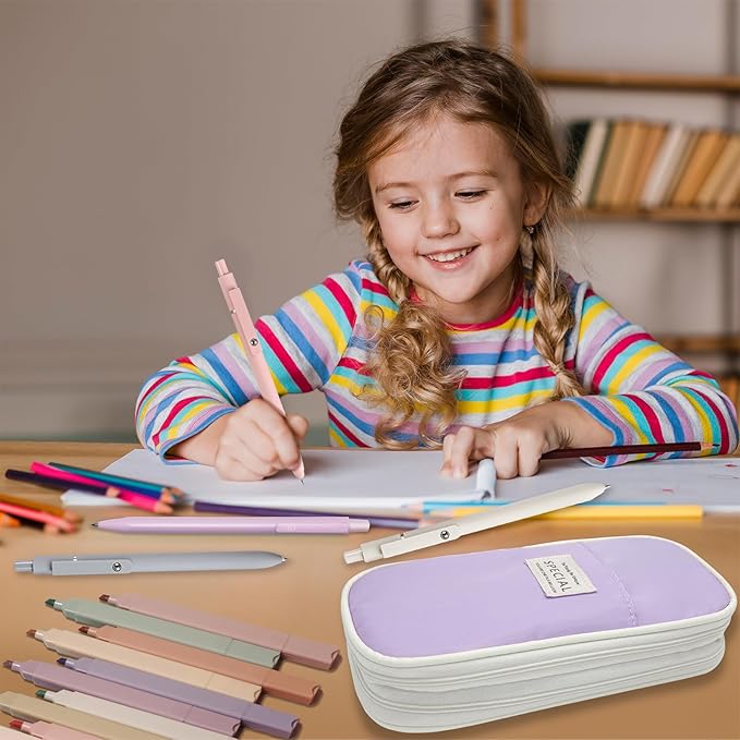 41 PCS Aesthetic School Supplies with Cute Pen Case, 5 Black Ink Gel Pens, 12 Pastel Highlighters, 6 Mechanical Pencils Set 0.5 & 0.7 mm for School Supplies Essentials (Purple)