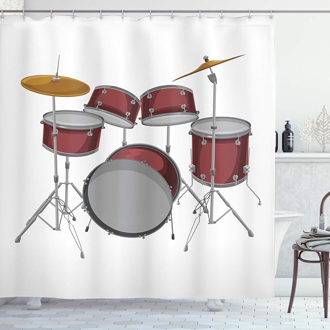 Ambesonne Drums Shower Curtain, Picture of a Drum Kit Percussion Instrument Standing on a Plain Background, Cloth Fabric Bathroom Decor Set with Hooks, 69" W x 75" L, Pale Maroon and White