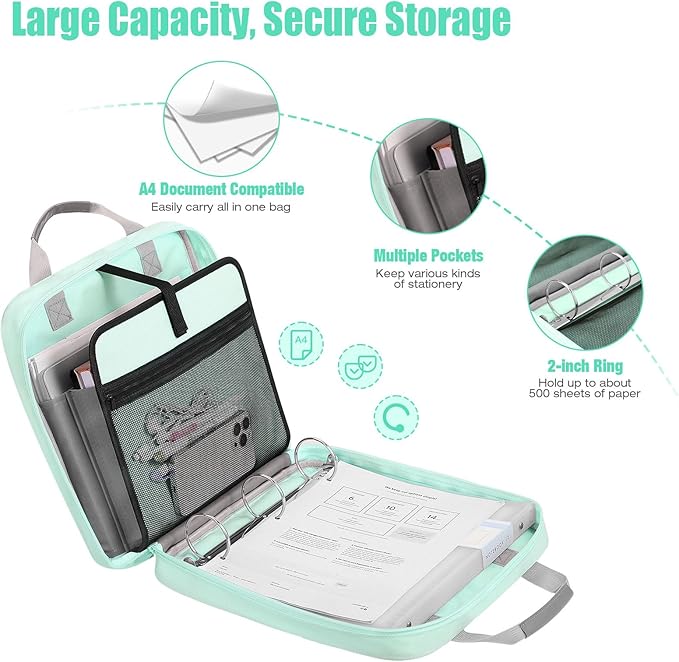 Moko Zipper Binder, 2 Inch 3 Ring Binder with Zipper,500 Sheets Capacity Zipper Binder with Shoulder Strap & Handle,Multi-Pocket Zipper Binder Organizer for Middle School, Mint Green