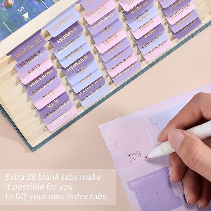 Bible Tabs, 66 Gold Foil Lettering Chapter Labels + 39 Blank Water Lilies Theme Laminated Index Tabs with Alignment Ruler, Bible Journaling Study Supplies for Women & Men, Bible Sticker Accessories
