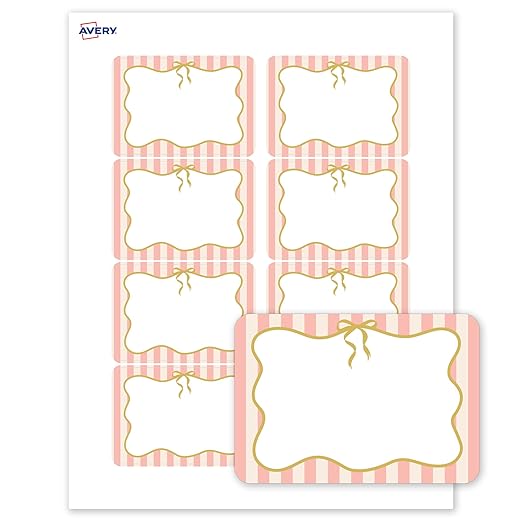 Avery Printable Adhesive Name Badges, 2-1/3" x 3-3/8", Pre-Printed Pink Stripes with Metallic Gold Bow Design, Matte White, Laser & Inkjet Compatible, 80 Total