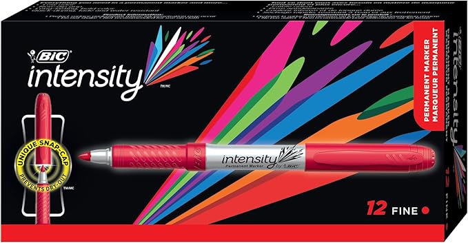 BIC Intensity Red Permanent Markers, Fine Point, 12-Count Pack of Red Markers With Non-Slip Grip for Comfort and Control