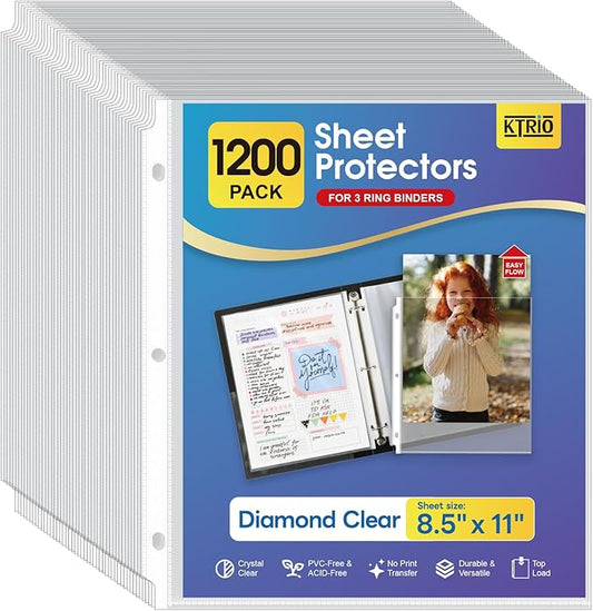 KTRIO Sheet Protectors for 3 Ring Binder 1200 Pack, Clear Page Protectors 8.5 x 11, Plastic Binder Sleeves for Paper, Top Loading, Office Home School