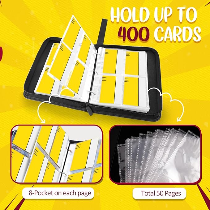 Binder 4 Pocket, Collectible Trading Card Album Fits 400 Cards, 50 Removable Sleeves, Portable Collection Holder, Game Case Book With Zipper for Gifts, Yellow