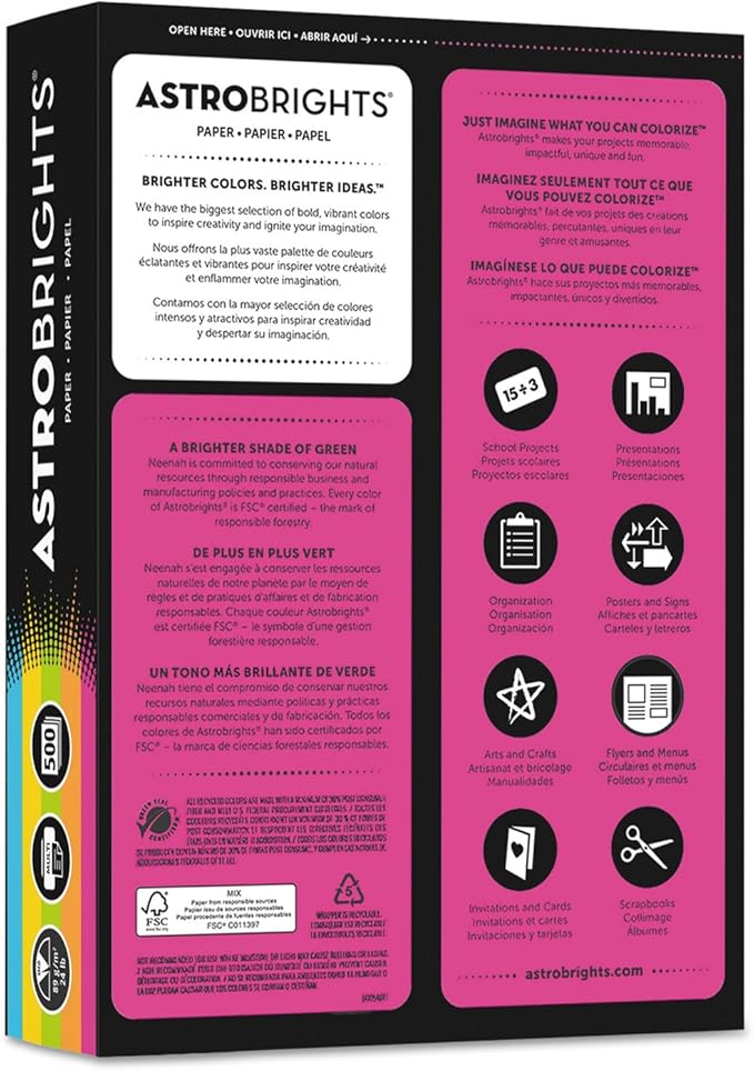 Neenah Astrobrights® Bright Color Paper, Letter Size Paper, 24 lb, Assorted Colors, 500 Sheets