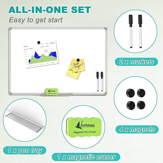 Lockways Dry Erase Board, 18 x 12 Whiteboard Dry Erase, Aluminum Frame White Board with 1 Eraser & 1 Pen Tray & 2 Markers & 4 Magnets