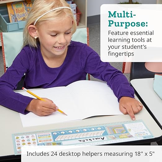 Really Good Stuff 24PK Chalkboard-Style Grades K-2 Self-Adhesive Deluxe Plastic Desktop Reference Nameplate with a Number Line, Alphabet Letters, 2-D and 3-D Shapes, Colors, Left and Right, 120 Grid