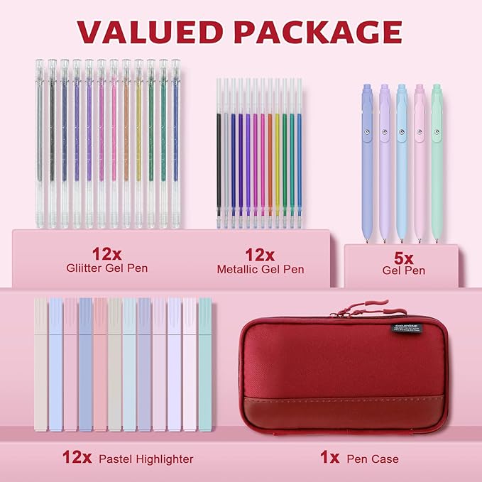 42 Pack Gel Pens for Coloring Books, 5 Gel Pens 0.5mm Black Ink, 12 Vibrant Sparkle Metallic Glitter Pens with 12 extra refills for enduring use, 12 Pastel Highlighters for Man Woman(Red)