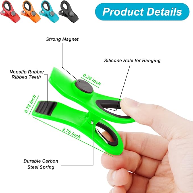 16 Pack Chip Clips Bag Clips, Office Paper Clamps, Multicolor Magnetic Clip for Food Packages, Multipurpose Plastic Clip for Food, Snack, Refrigerator, Kitchen, Paper, Binder Clips